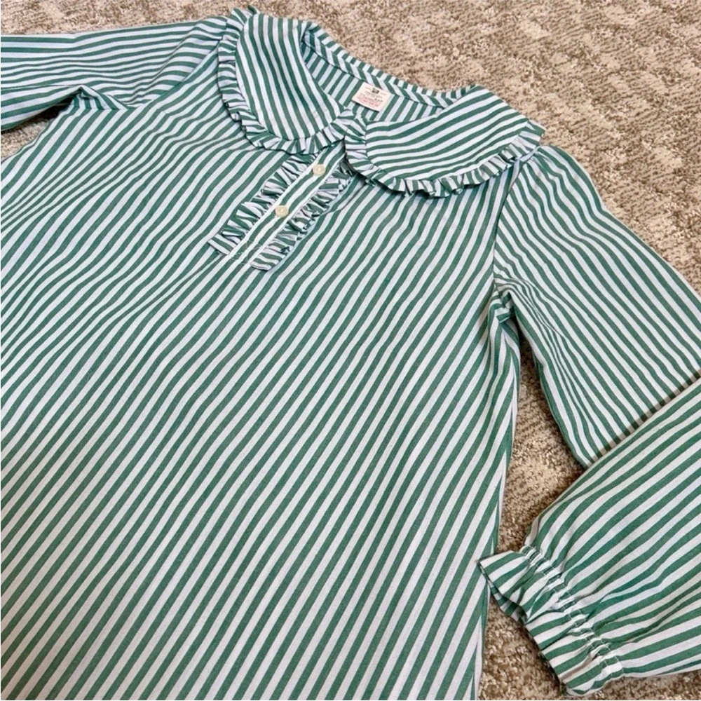 J.Crew Girls' Long-Sleeve Green Stripe Ruffle-Front Nightgown—S